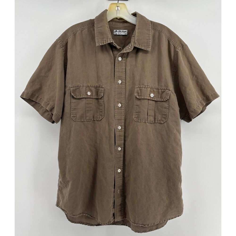 Old Navy Island Linen Blend Camp Shirt Mens XL Brown Short Sleeve Vintage 2006